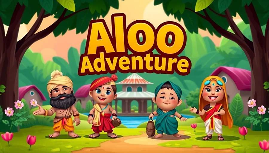Aloo Adventure Game Cover Aloo Adventure game cover featuring colorful Indian potato characters in traditional attire with vibrant rural background