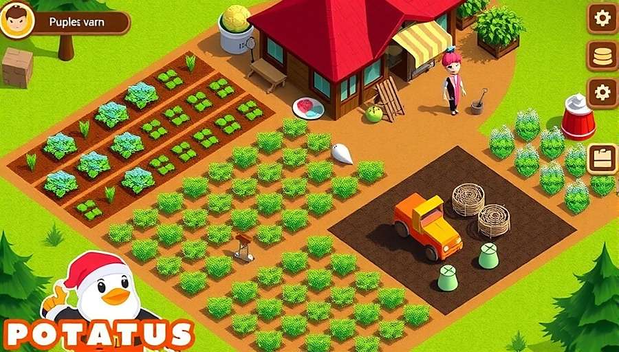 Aloo Adventure Gameplay Aloo Adventure gameplay screenshot showing a potato farm with various regional potato crops, farming tools, and a village market